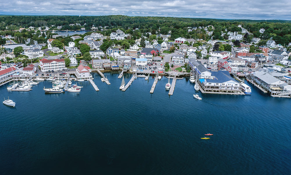 Aerial view of two kayakers in Boothbay Harbor, Maine