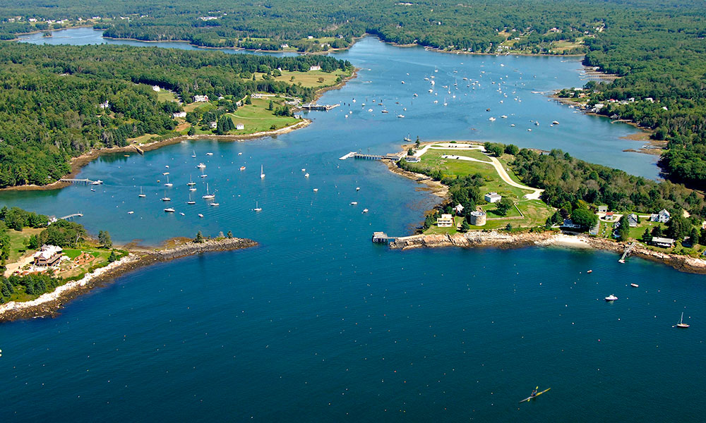 Aerial of kayaking in Pemaquid Harbor, Maine